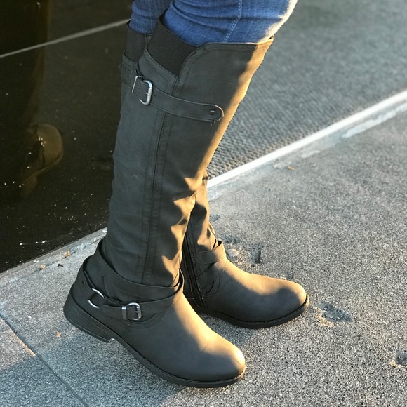 Qupid Shoes - Black Knee High Buckle Boot